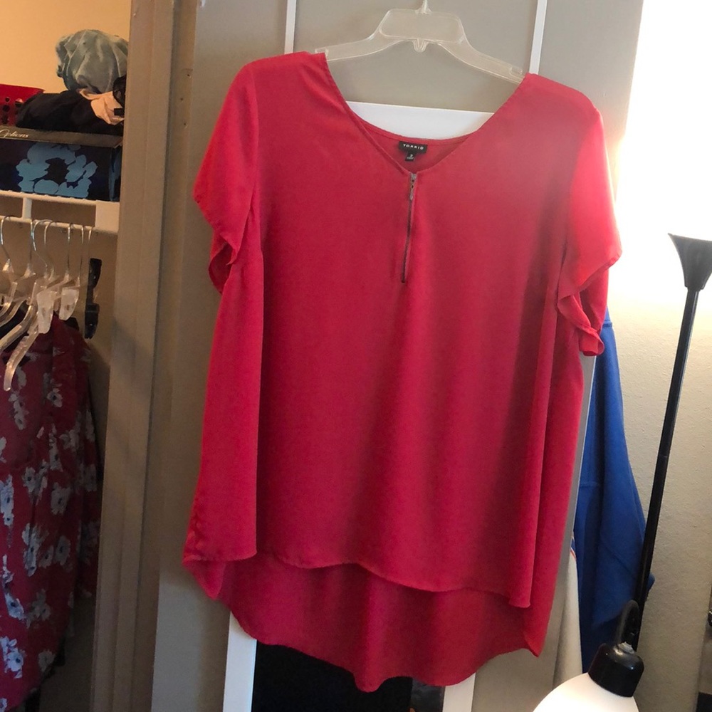 Bright Red Zipper Front Blouse